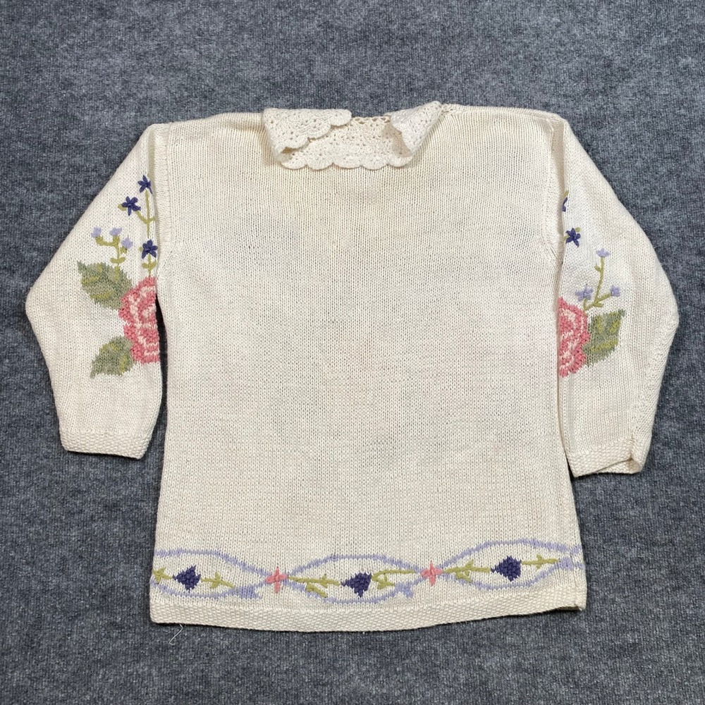 Venezia Vintage Hand Knitted Floral Sweater Crochet Collar White Womens 18/20 - Picture 2 of 7